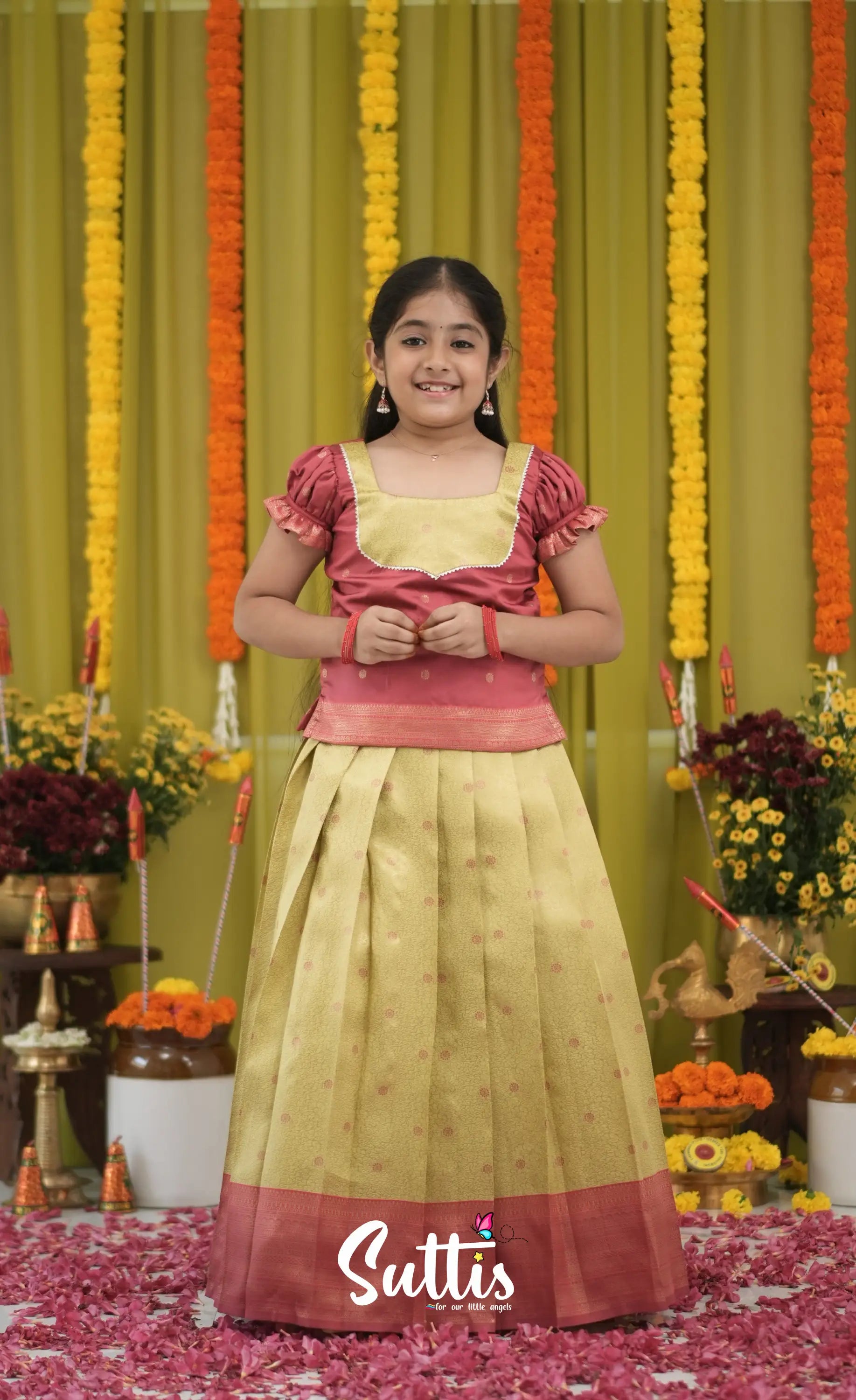 Blended Silk Pavadai Sattai - Yellow and Maroon Kids-Suttis