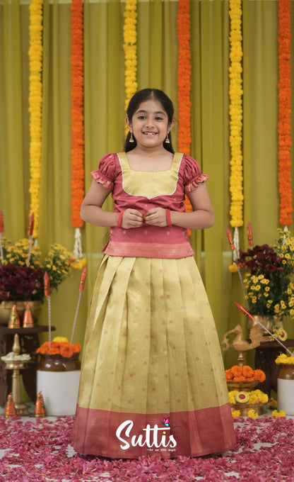 Blended Silk Pavadai Sattai - Yellow and Maroon Kids-Suttis