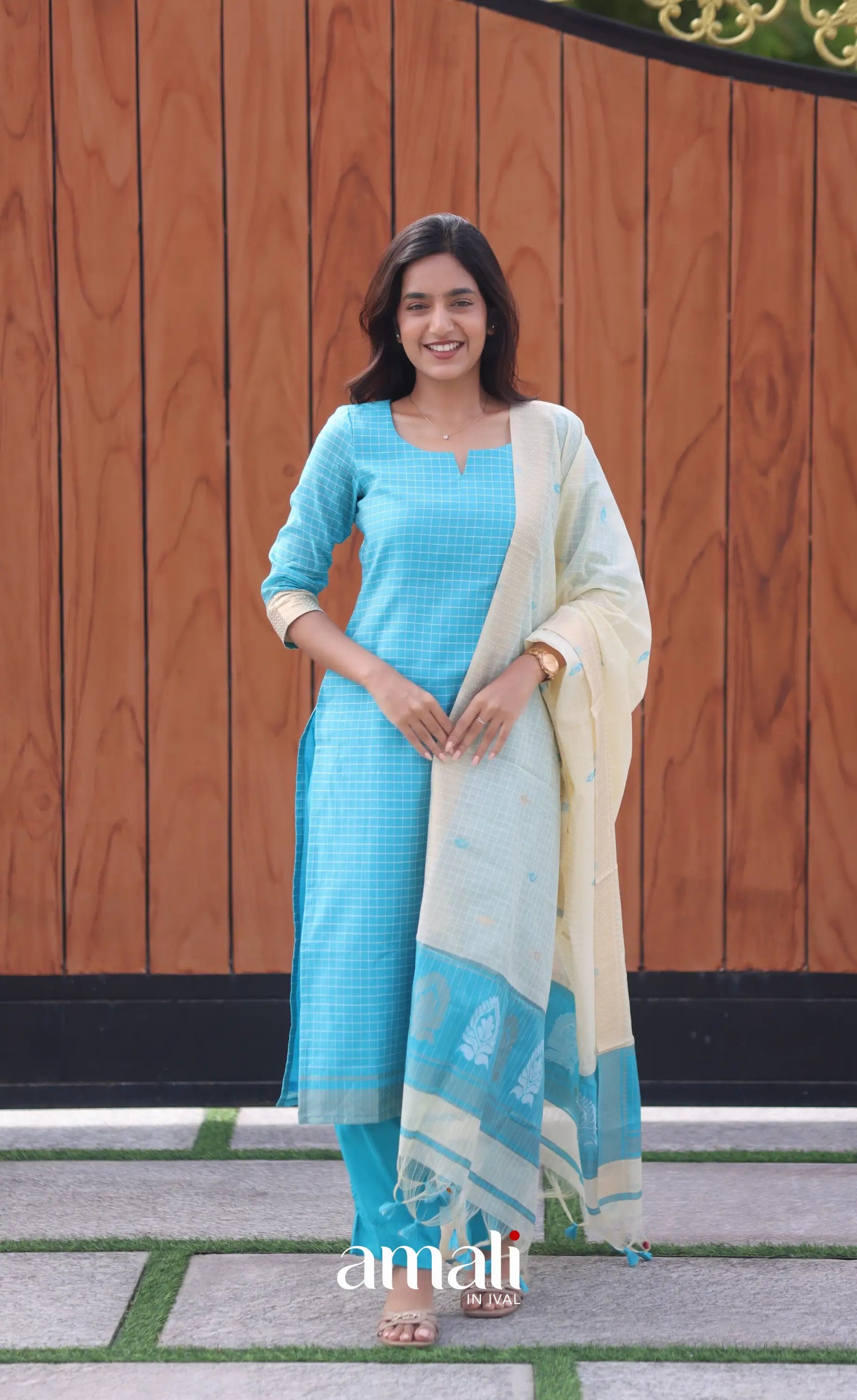 Blue and Cream Silk Cotton Salwar - salwar