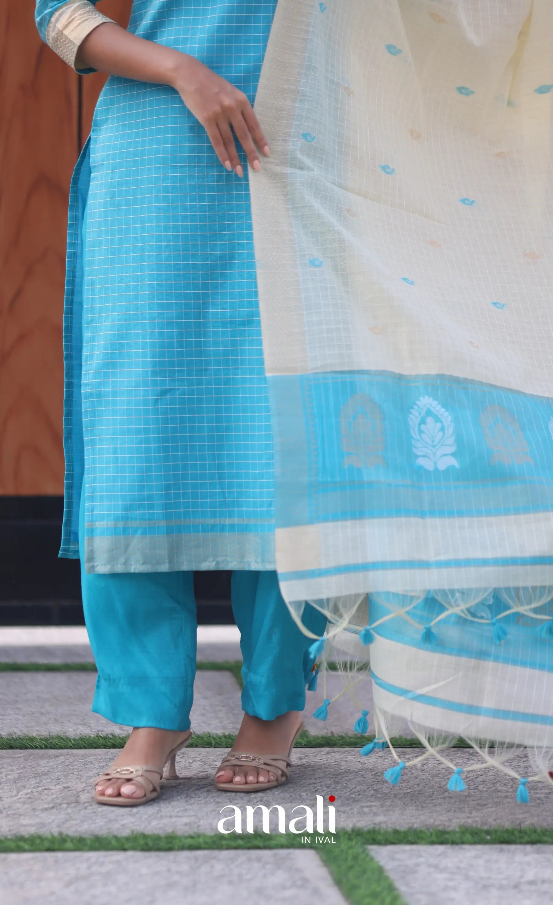 Blue and Cream Silk Cotton Salwar - salwar