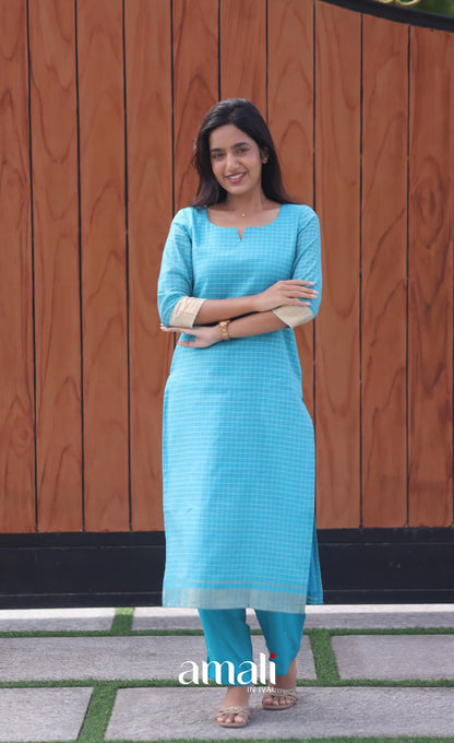 Blue and Cream Silk Cotton Salwar - salwar