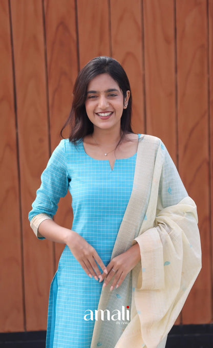 Blue and Cream Silk Cotton Salwar - salwar