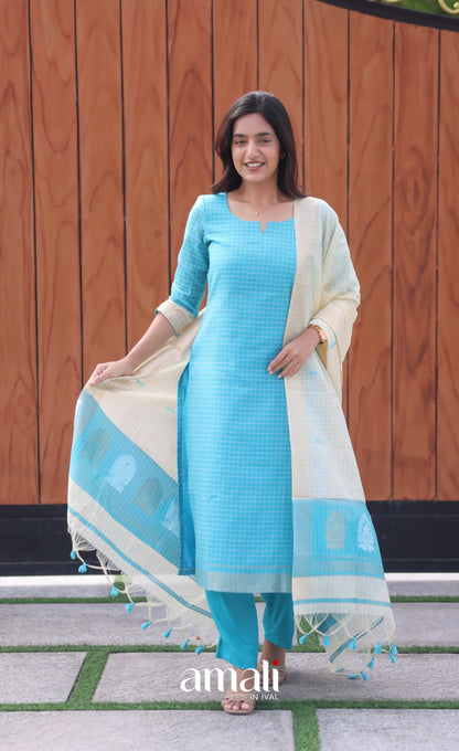 Blue and Cream Silk Cotton Salwar - salwar