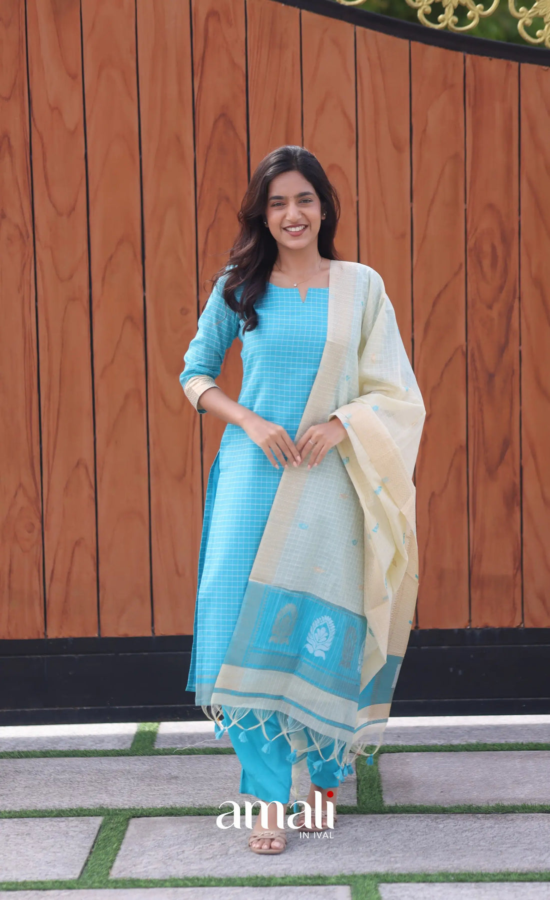 Blue and Cream Silk Cotton Salwar - salwar