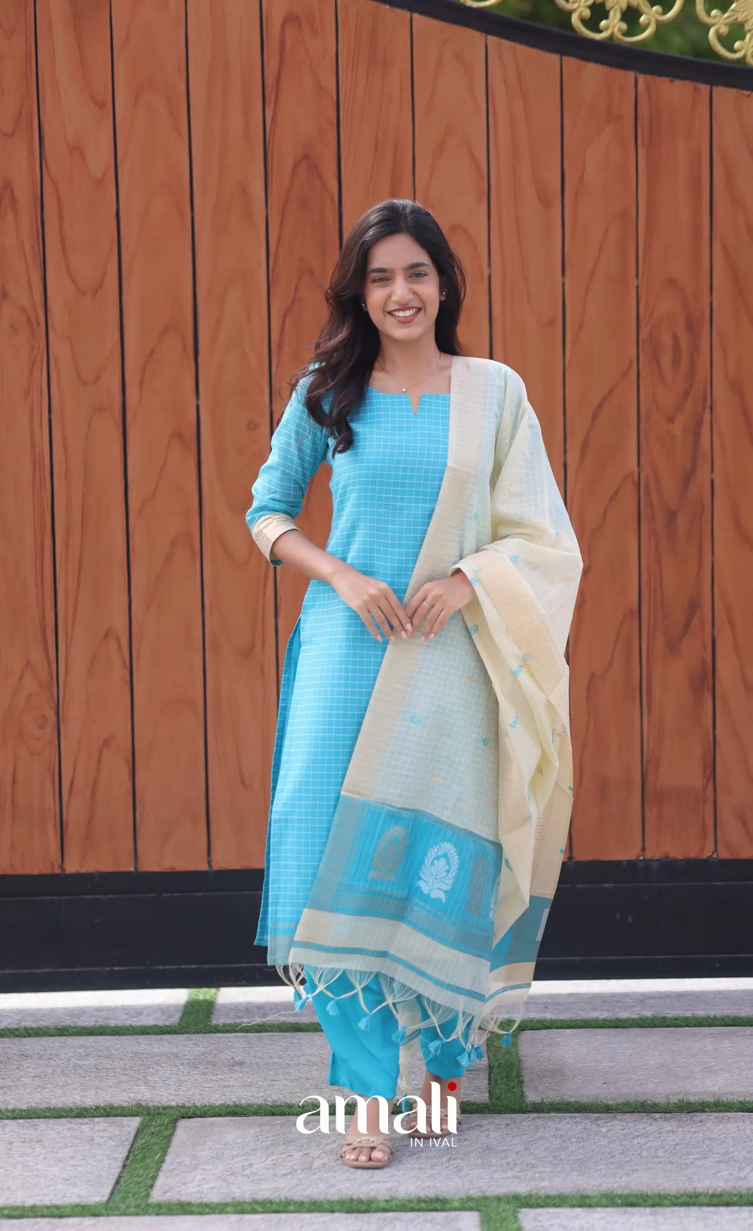 Blue and Cream Silk Cotton Salwar - salwar