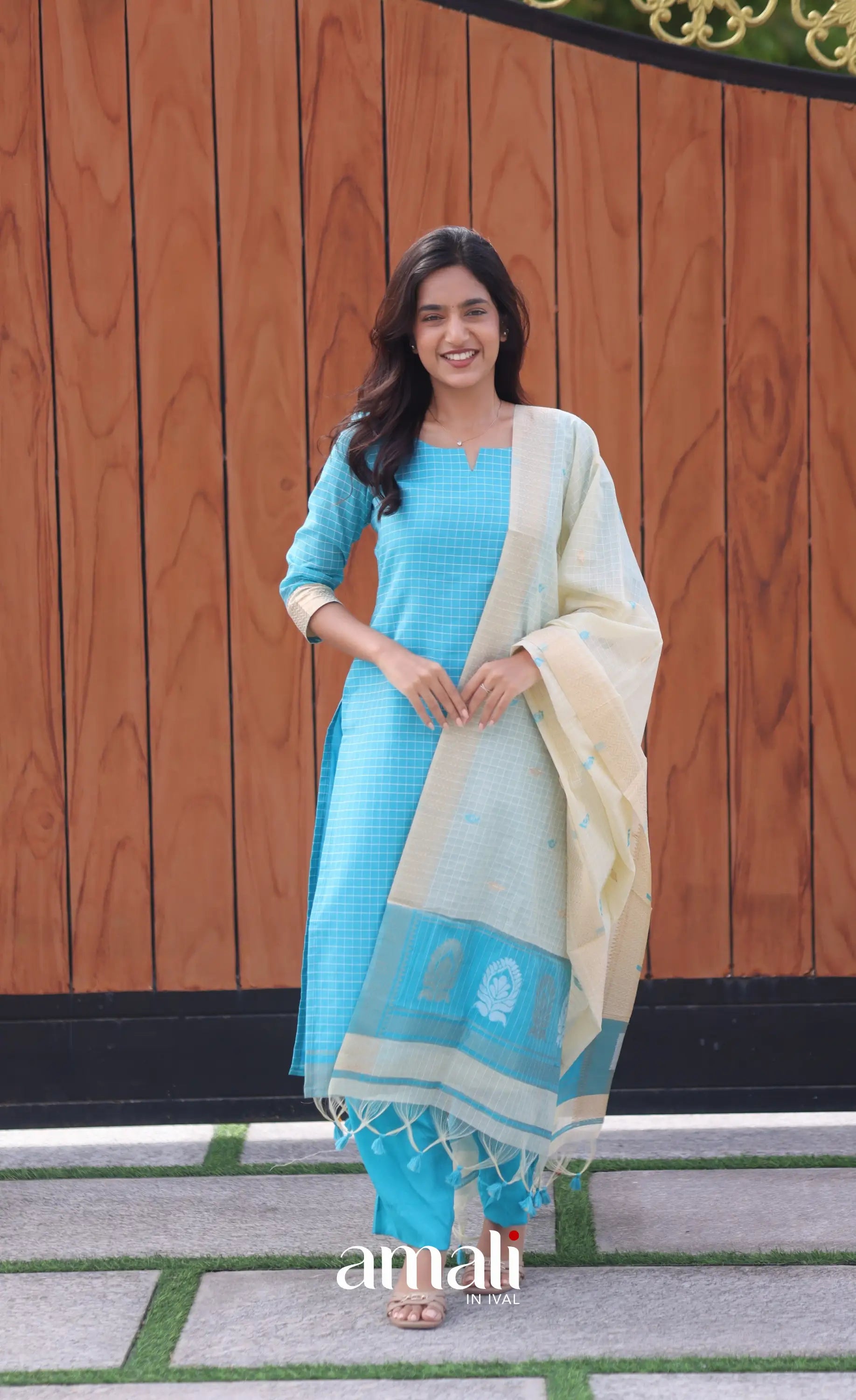 Blue and Cream Silk Cotton Salwar - salwar