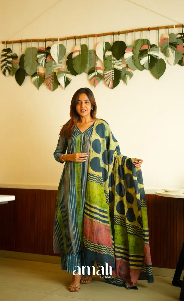 Blue shades Jaipur Cotton A-line Salwar Set - salwar