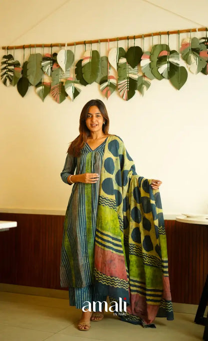 Blue shades Jaipur Cotton A-line Salwar Set - salwar