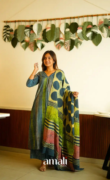 Blue shades Jaipur Cotton A-line Salwar Set - salwar