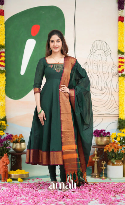 Bottle green and Maroon Narayanpet Cotton Anarkali - Anarkalis