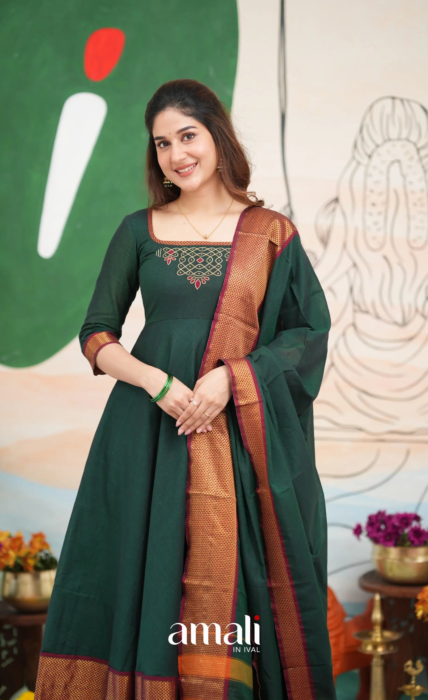 Bottle green and Maroon Narayanpet Cotton Anarkali - Anarkalis