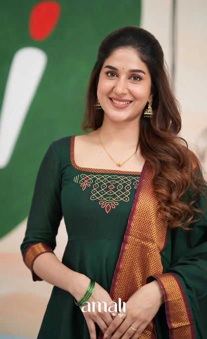 Bottle green and Maroon Narayanpet Cotton Anarkali - Anarkalis