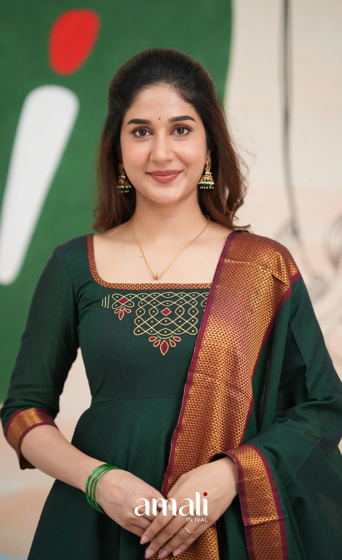 Bottle green and Maroon Narayanpet Cotton Anarkali - Anarkalis
