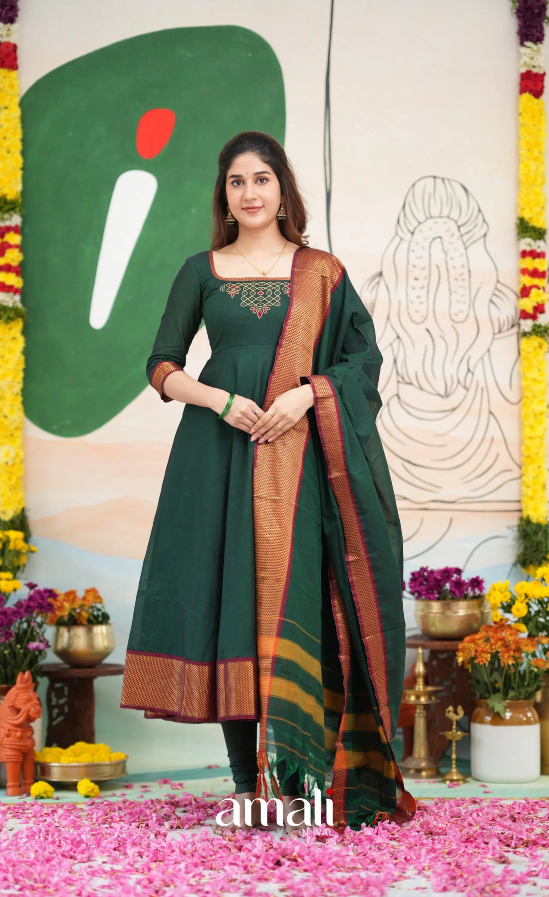 Bottle green and Maroon Narayanpet Cotton Anarkali - Anarkalis