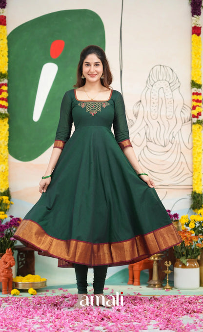 Bottle green and Maroon Narayanpet Cotton Anarkali - Anarkalis