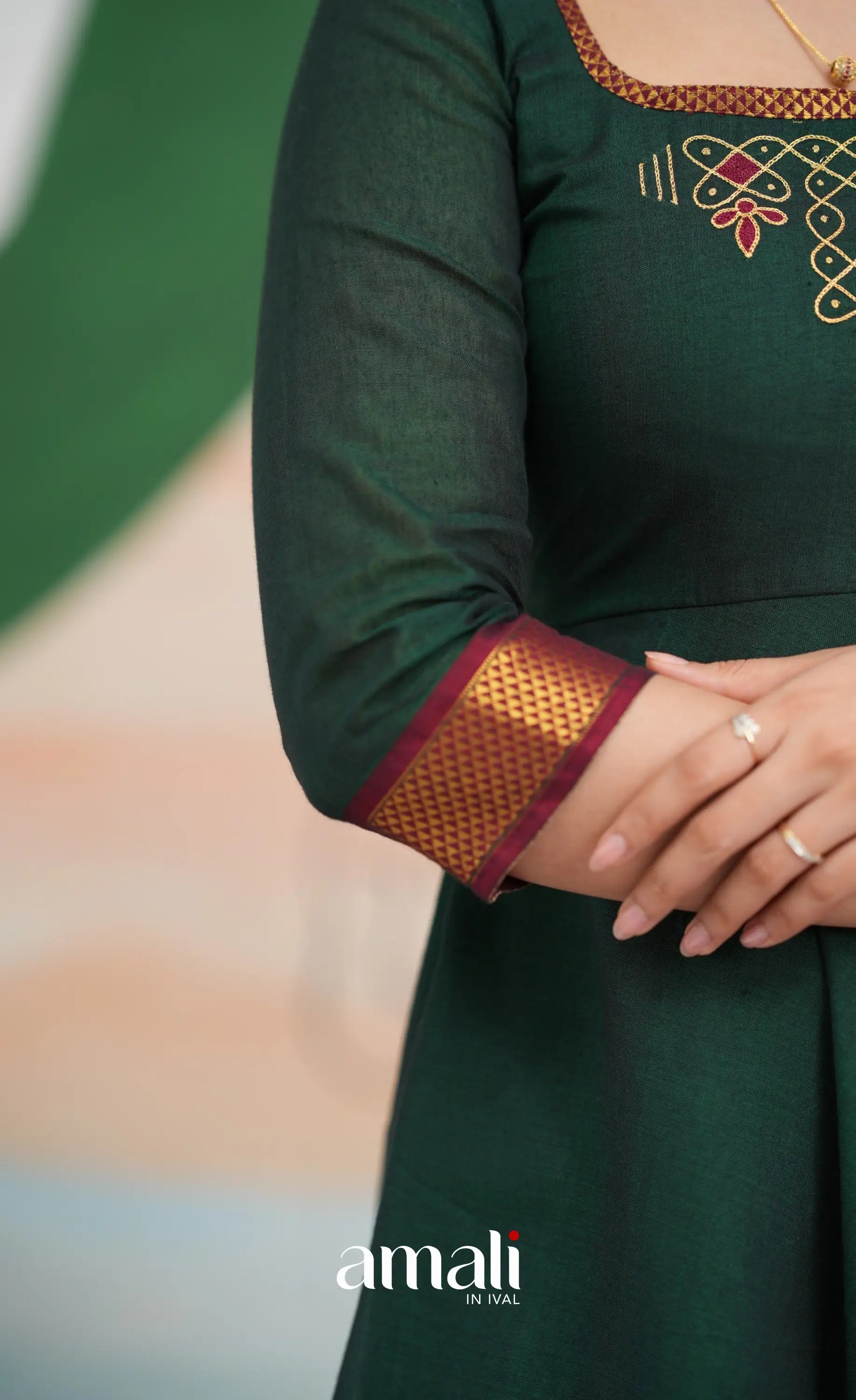 Bottle green and Maroon Narayanpet Cotton Anarkali - Anarkalis