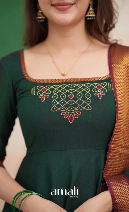 Bottle green and Maroon Narayanpet Cotton Anarkali - Anarkalis