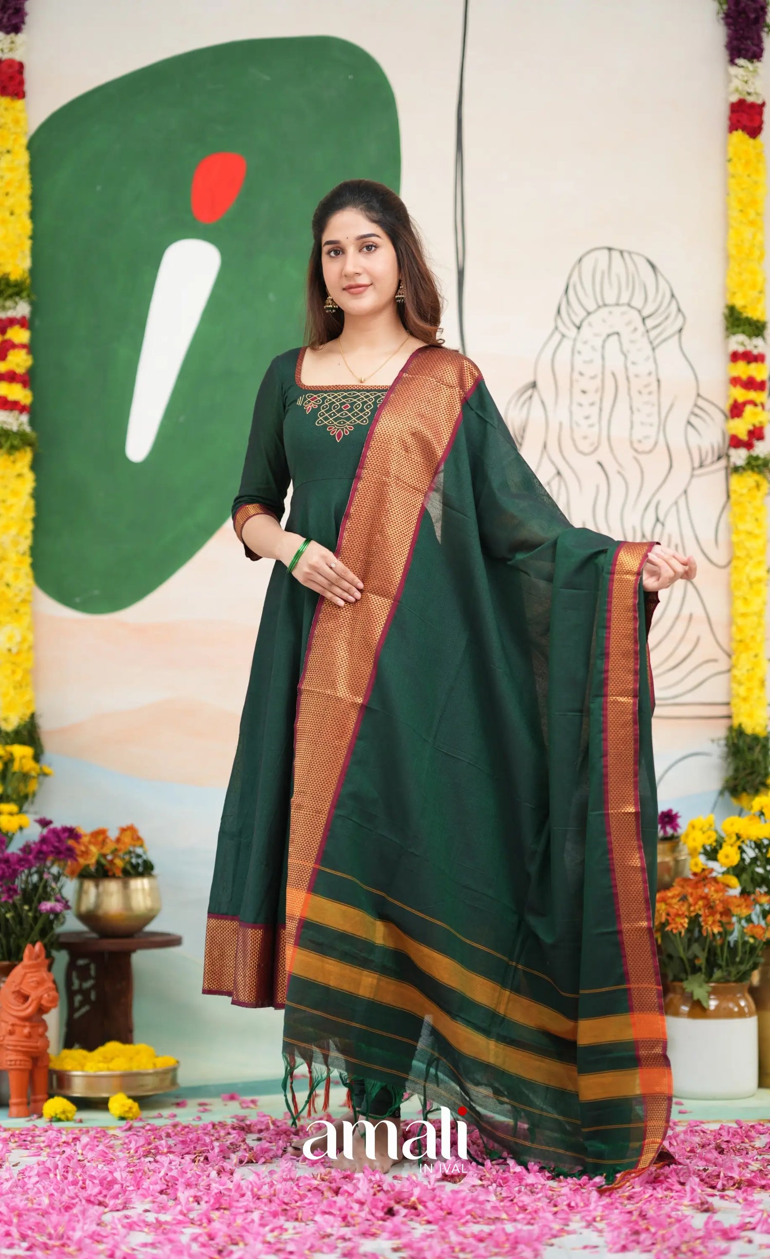 Bottle green and Maroon Narayanpet Cotton Anarkali - Anarkalis