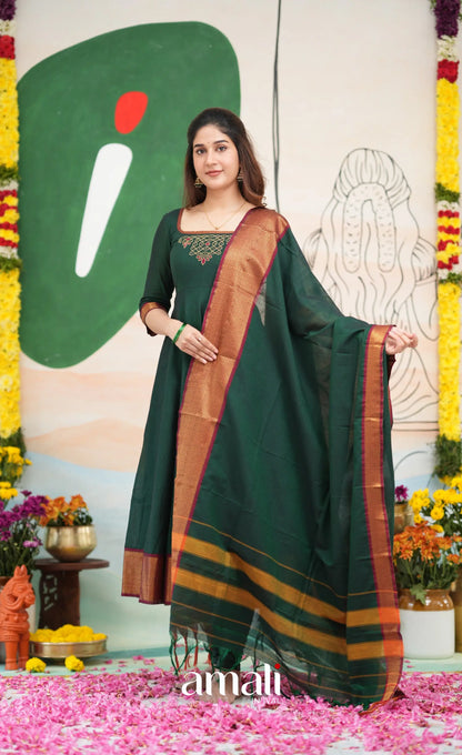 Bottle green and Maroon Narayanpet Cotton Anarkali - Anarkalis