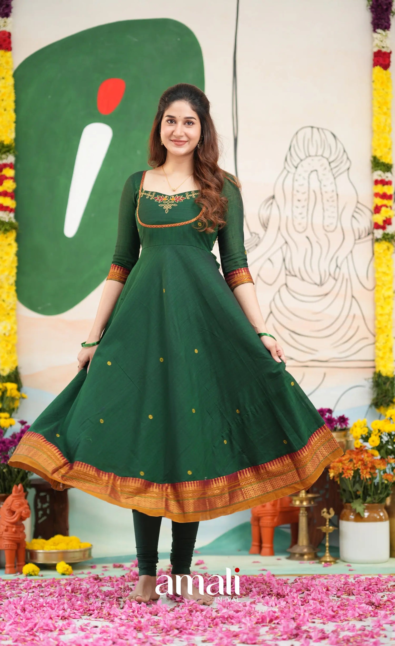 Bottle green and Mustard yellow Narayanpet Cotton Anarkali - Anarkalis