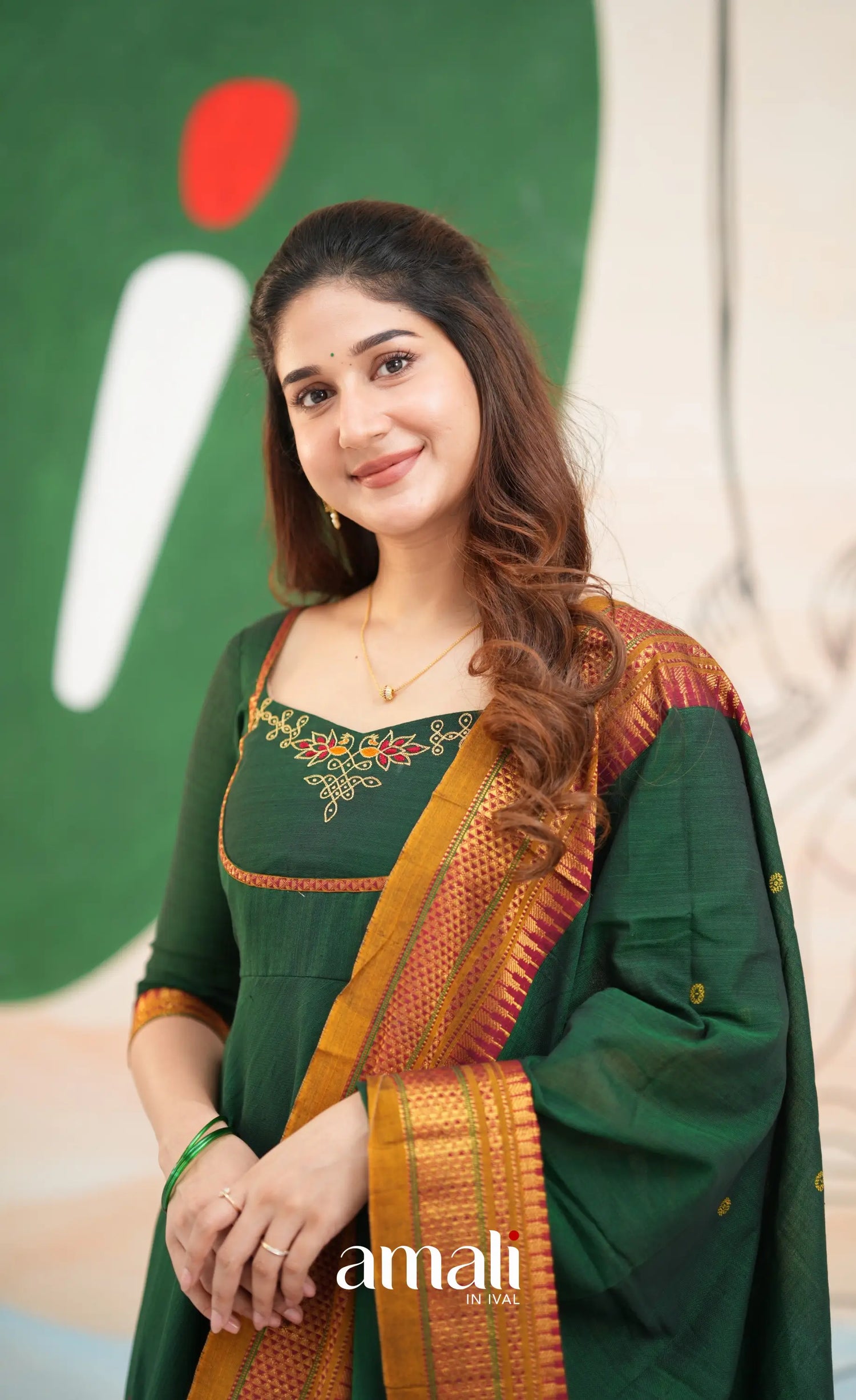 Bottle green and Mustard yellow Narayanpet Cotton Anarkali - Anarkalis
