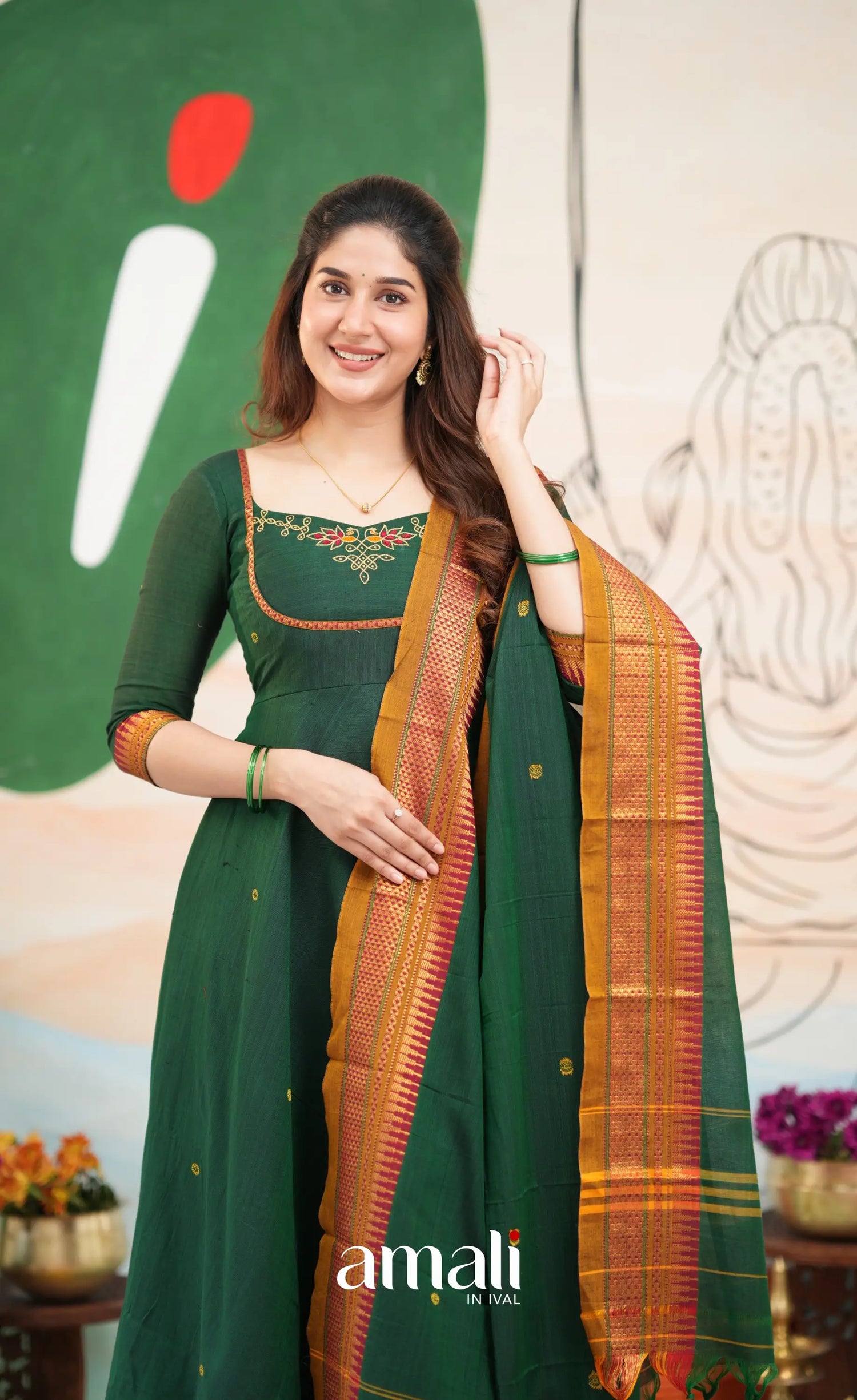 Bottle green and Mustard yellow Narayanpet Cotton Anarkali - Anarkalis