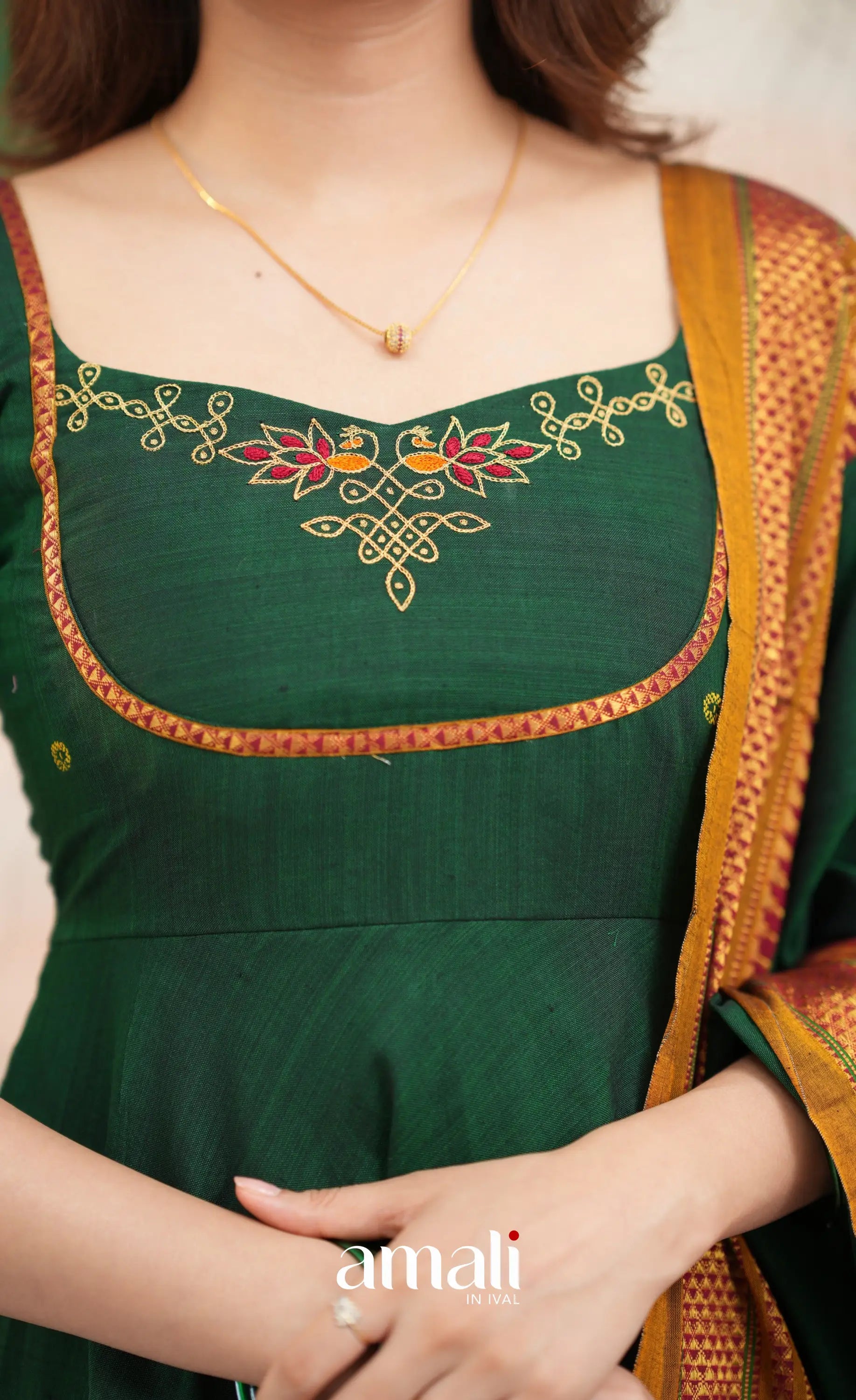 Bottle green and Mustard yellow Narayanpet Cotton Anarkali - Anarkalis