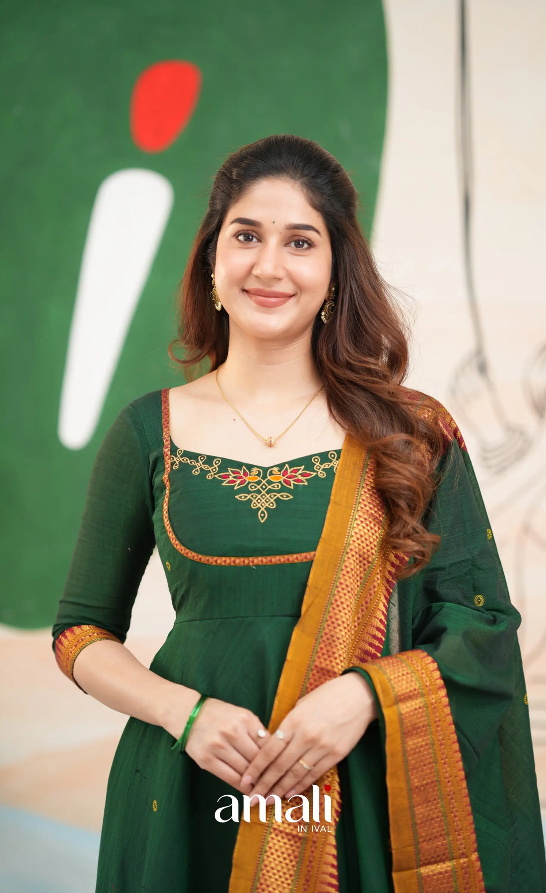 Bottle green and Mustard yellow Narayanpet Cotton Anarkali - Anarkalis
