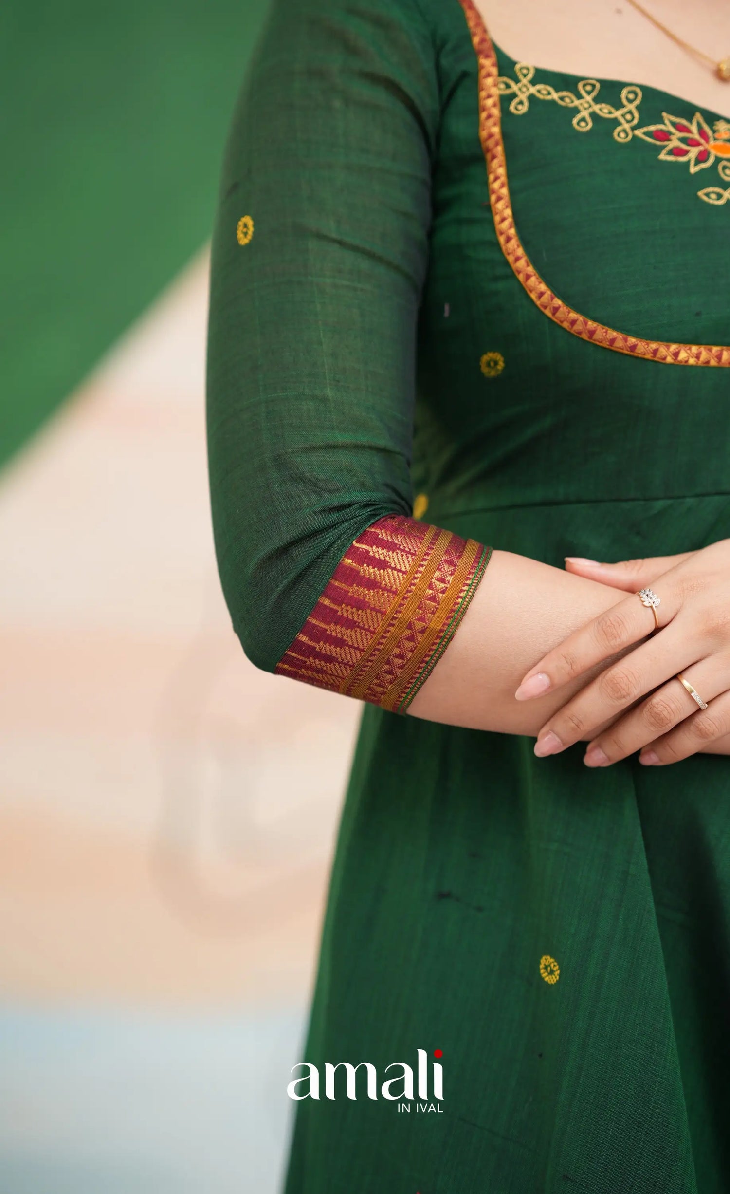 Bottle green and Mustard yellow Narayanpet Cotton Anarkali - Anarkalis