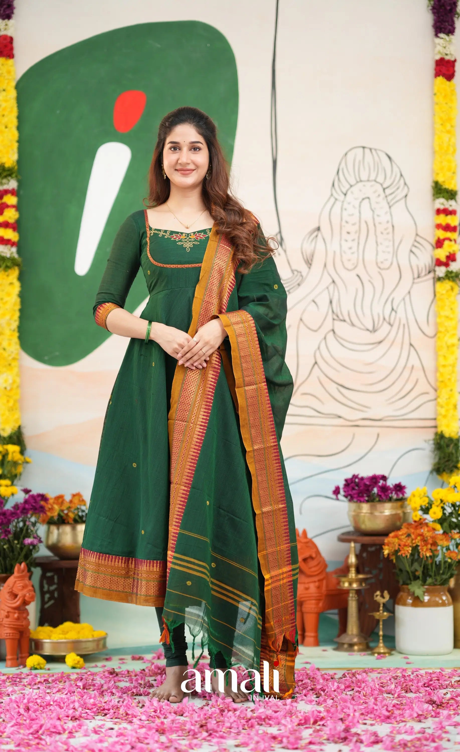 Bottle green and Mustard yellow Narayanpet Cotton Anarkali - Anarkalis