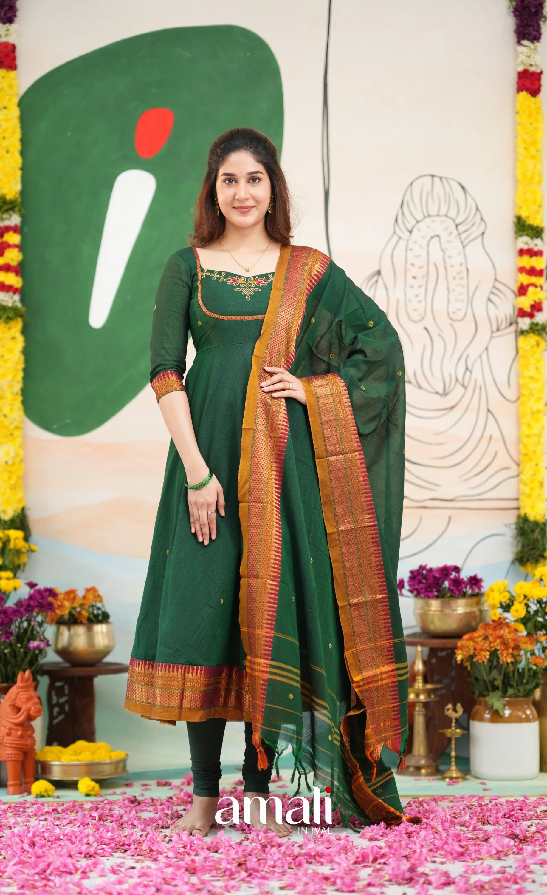 Bottle green and Mustard yellow Narayanpet Cotton Anarkali - Anarkalis