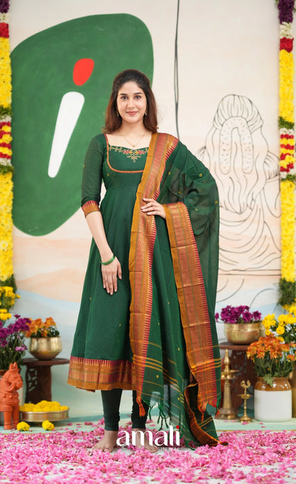 Bottle green and Mustard yellow Narayanpet Cotton Anarkali - Anarkalis
