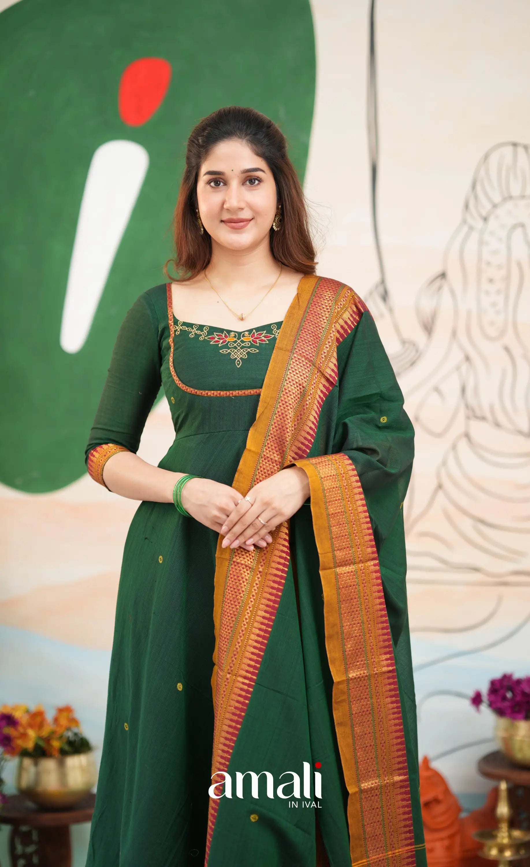 Bottle green and Mustard yellow Narayanpet Cotton Anarkali - Anarkalis