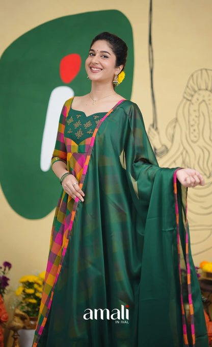 Bottle Green and Pink Kandangi Checks Cotton Anarkali Anarkalis