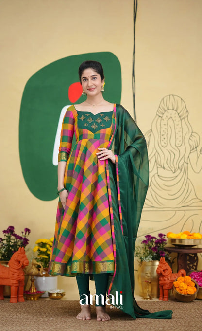 Bottle Green and Pink Kandangi Checks Cotton Anarkali Anarkalis