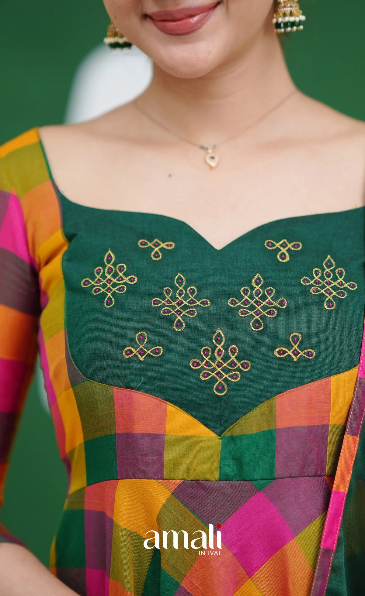 Bottle Green and Pink Kandangi Checks Cotton Anarkali Anarkalis
