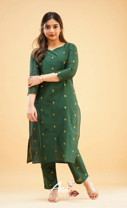 Bottle Green Slub Cotton Silk Co-Ord Set