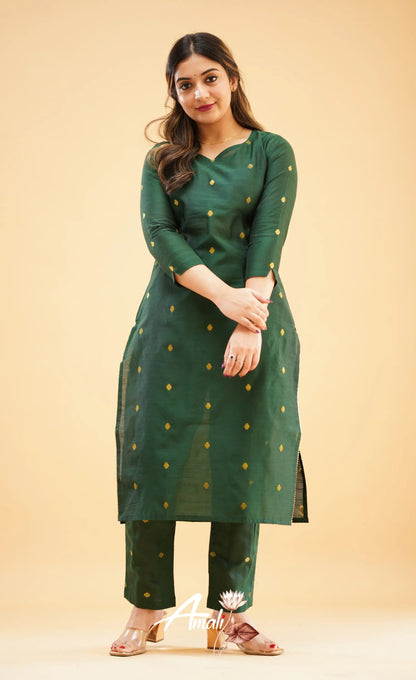 Bottle Green Slub Cotton Silk Co-Ord Set