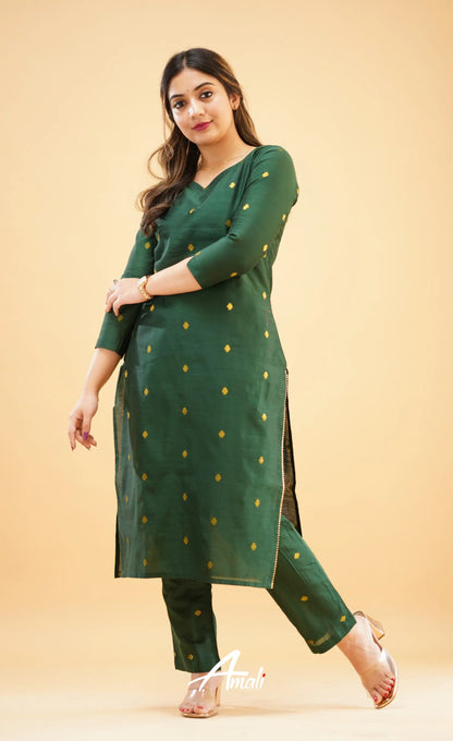 Bottle Green Slub Cotton Silk Co-Ord Set