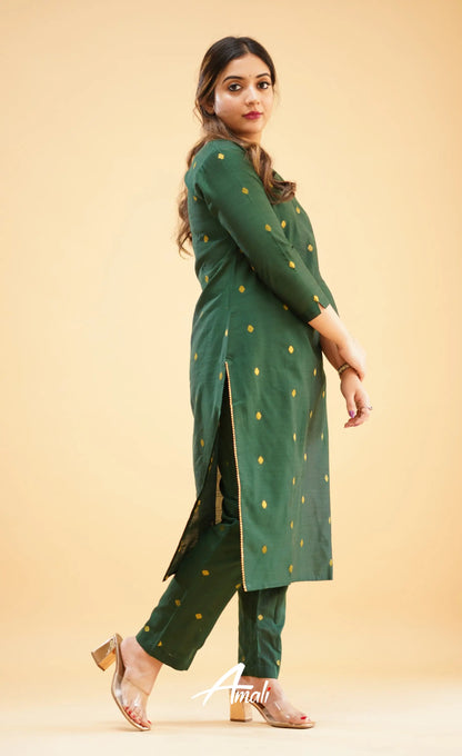 Bottle Green Slub Cotton Silk Co-Ord Set