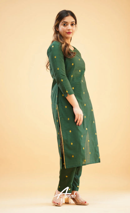 Bottle Green Slub Cotton Silk Co-Ord Set