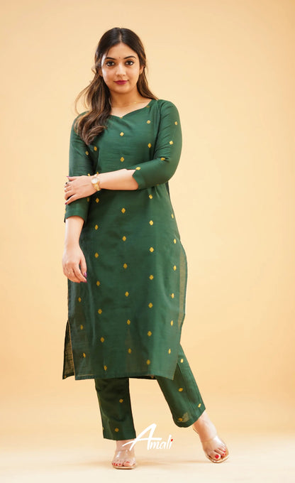 Bottle Green Slub Cotton Silk Co-Ord Set