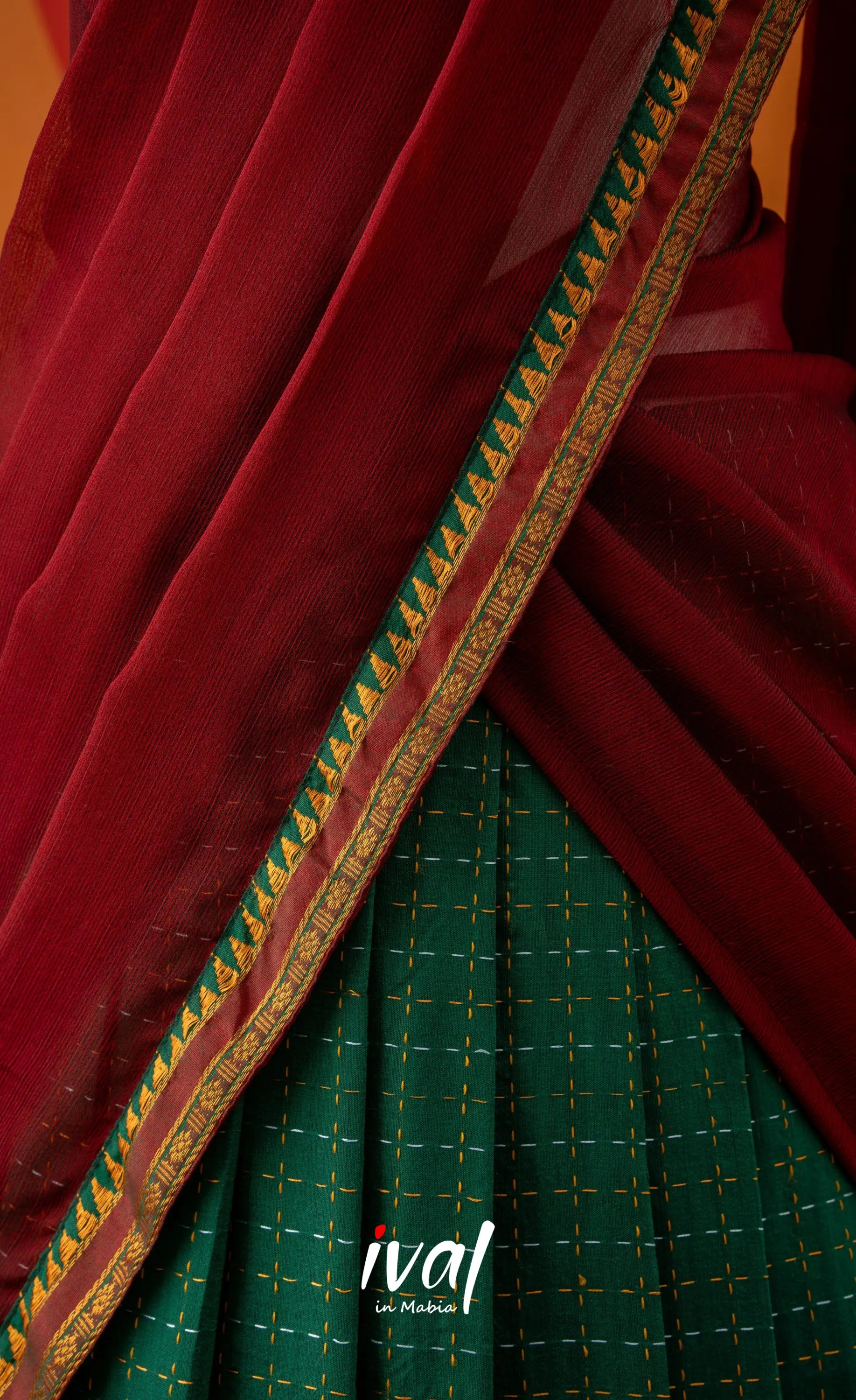 Bottle Green with Reddish Maroon Semi-Stitched Blended Silk Halfsaree Half Sarees