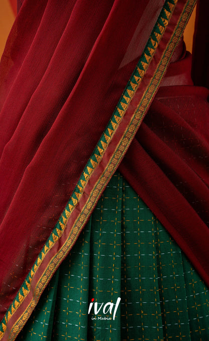 Bottle Green with Reddish Maroon Semi-Stitched Blended Silk Halfsaree Half Sarees