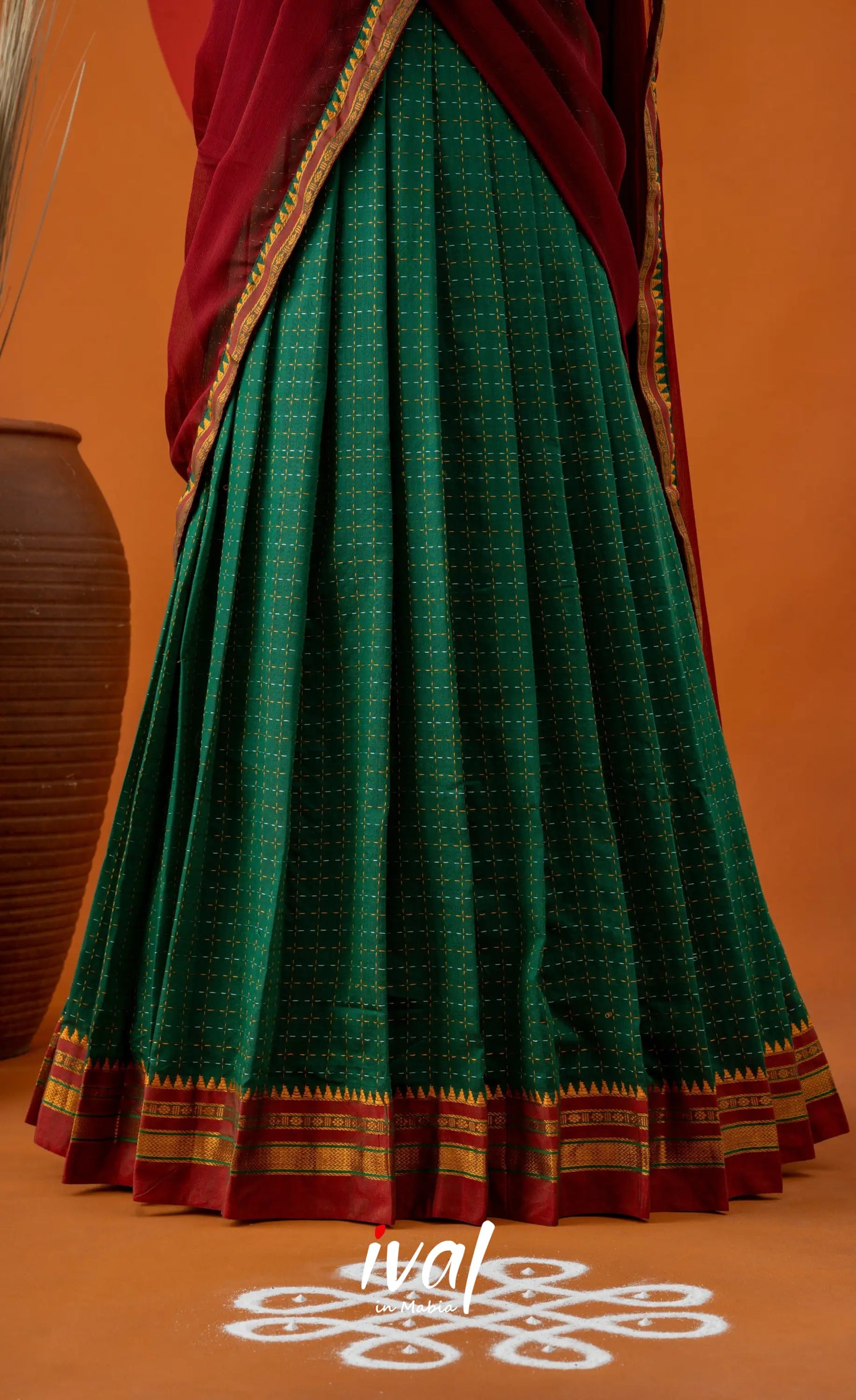 Bottle Green with Reddish Maroon Semi-Stitched Blended Silk Halfsaree Half Sarees