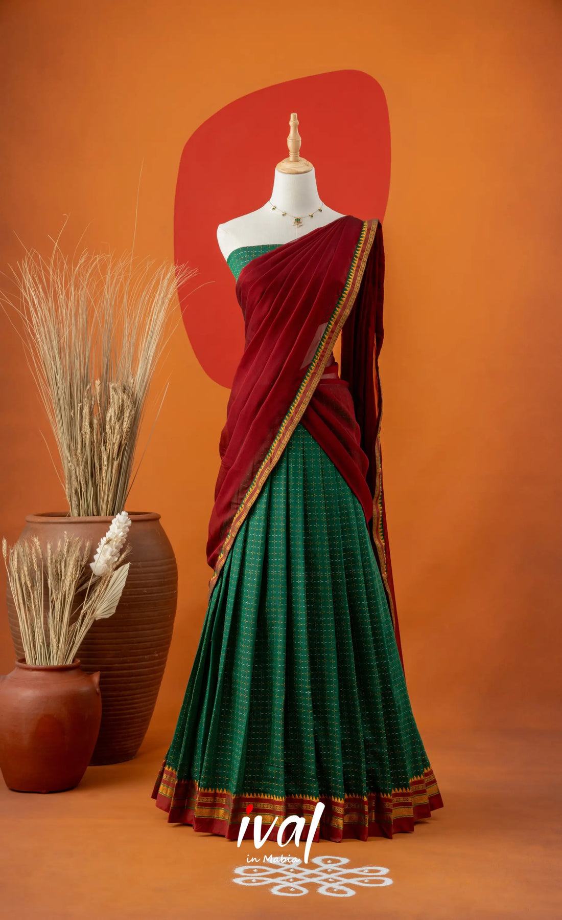 Bottle Green with Reddish Maroon Semi-Stitched Blended Silk Halfsaree Half Sarees