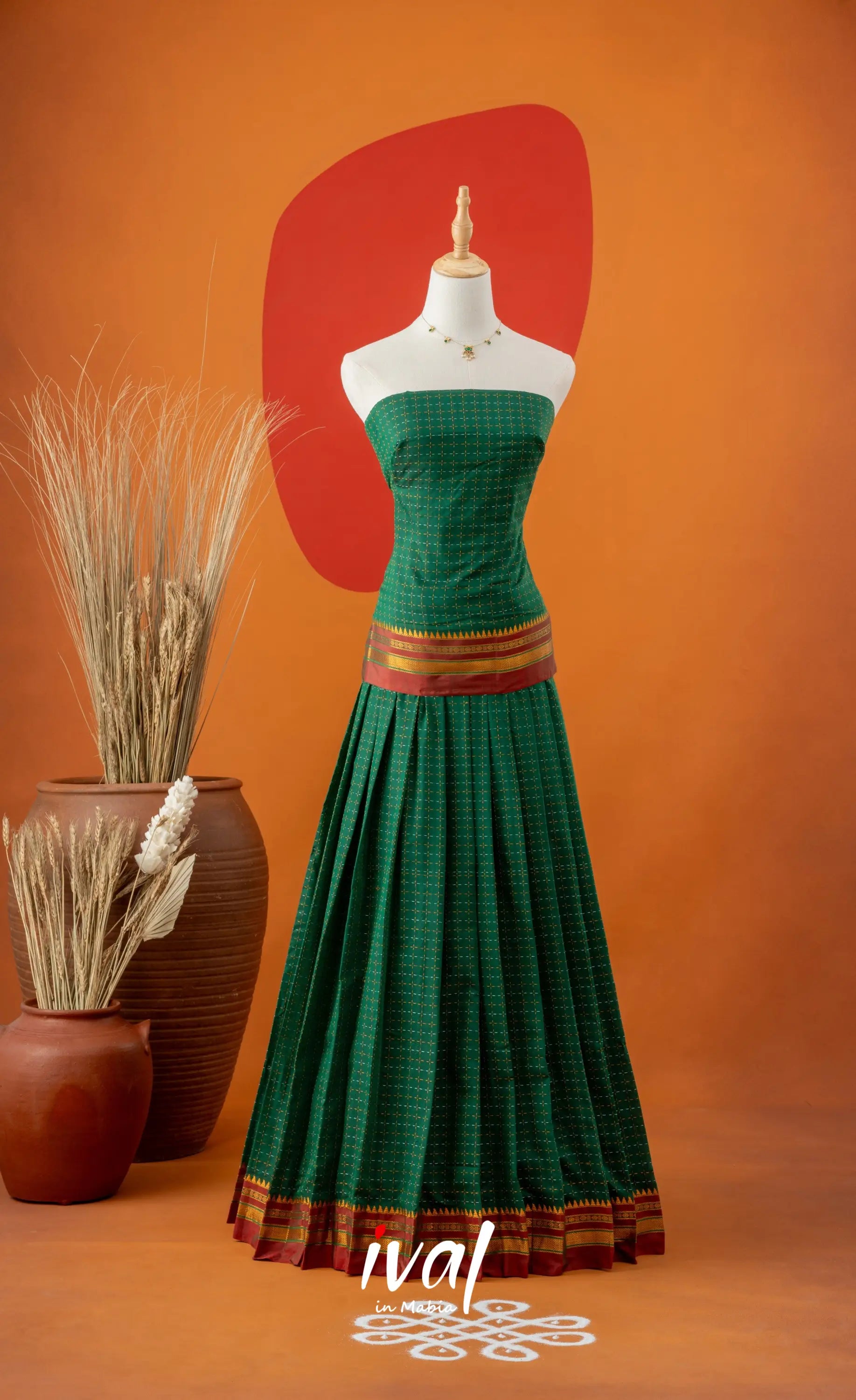 Bottle Green with Reddish Maroon Semi-Stitched Blended Silk Halfsaree Half Sarees