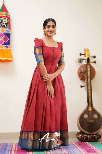 Brick Red With Dark Blue Cotton Long Gown Gown