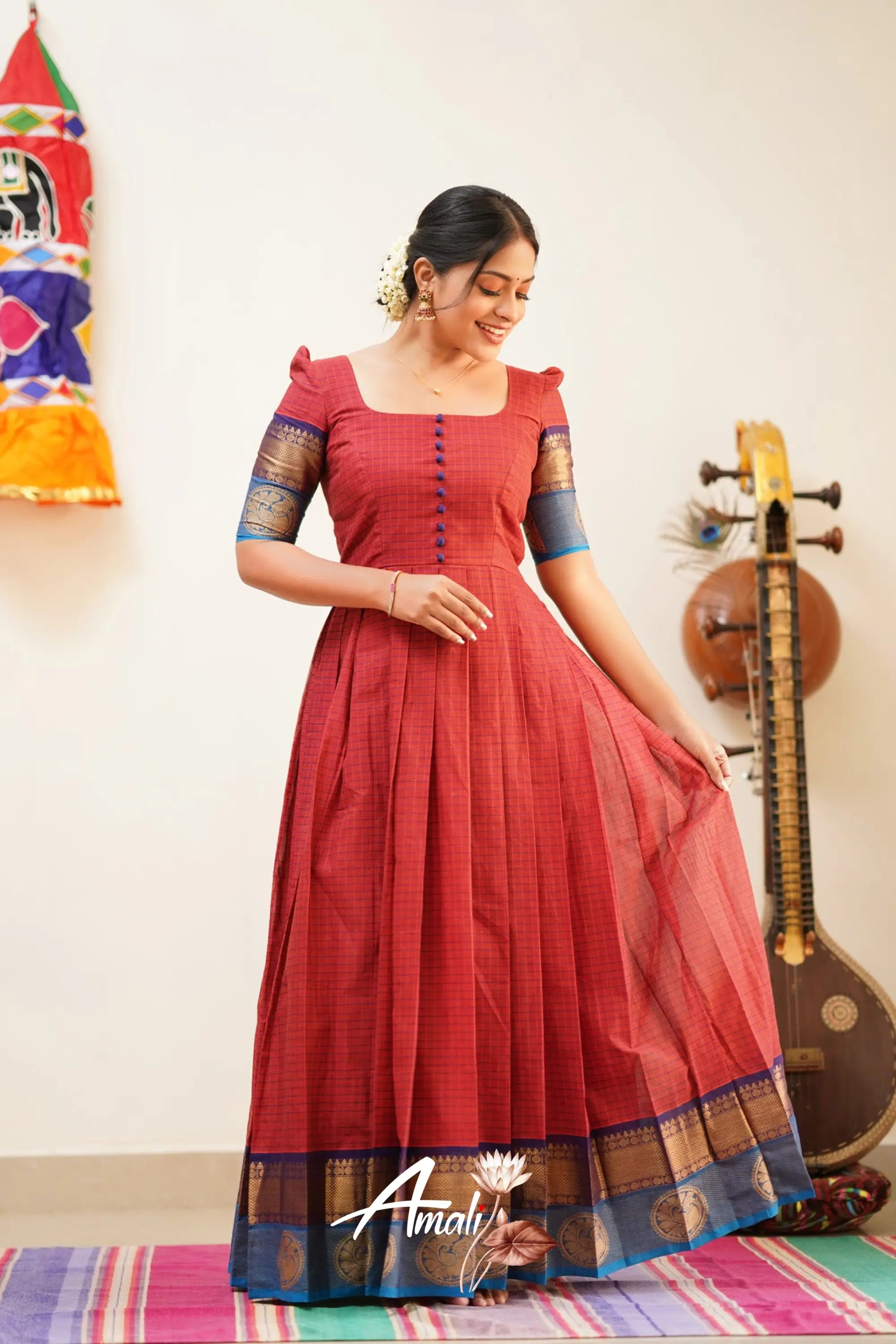 Brick Red With Dark Blue Cotton Long Gown Gown