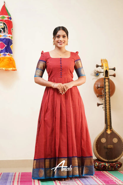 Brick Red With Dark Blue Cotton Long Gown Gown